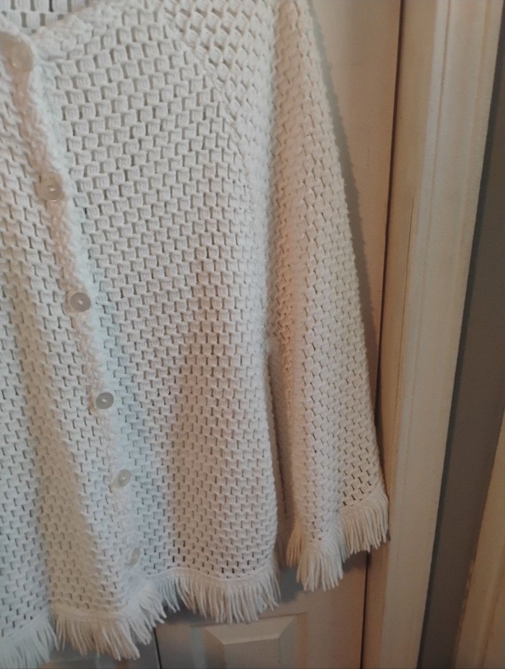 Lane Bryant Cream Open-Weave Fringe Button Cardigan - Picture 3 of 9